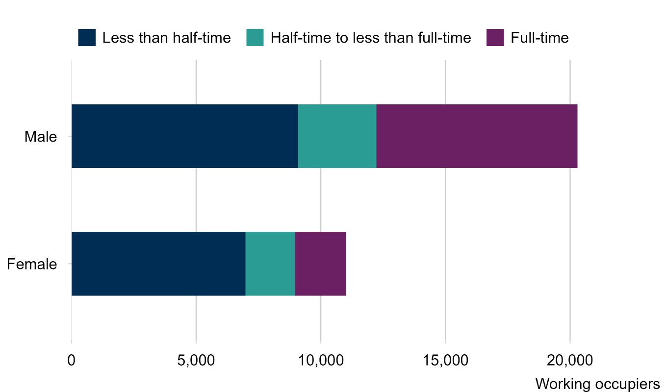Bar chart of male and female working occupier time in 2025. Male bar showing 20,300 number of working occupiers, accounting for 65% of all working occupiers. Female bar showing 11,000 number of working occupiers, accounting for 35% of all working occupiers. Chart based on those that provided a response to occupier sex question, excludes ‘prefer not say’ option