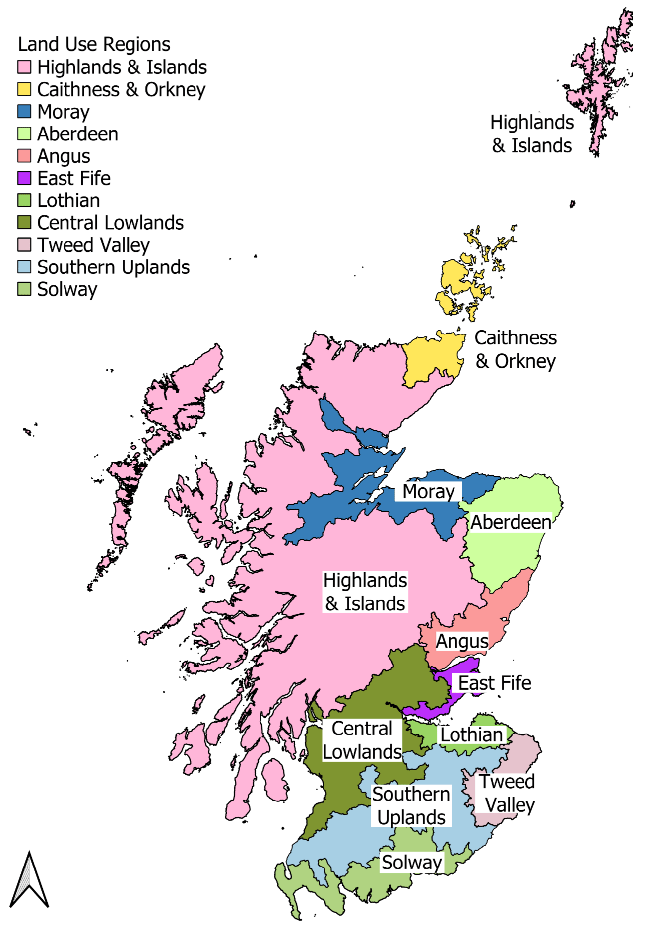 Figure 17: A map showing Scotland divided into 11 land use regions – Highlands and Islands, Caithness and Orkney, Moray, Aberdeen, Angus, East Fife, Lothian, Central Lowlands, Tweed Valley, Southern Uplands and Solway.