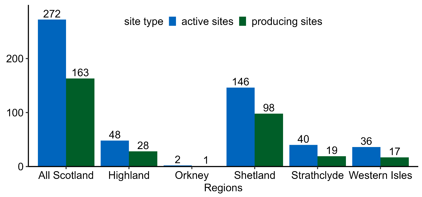 Grouped bar chart showing the number of shellfish farm sites by region in 2025, split into active and producing sites. Blue bars represent active sites and green bars represent producing sites. All Scotland shows 272 active and 163 producing sites. Regionally, Shetland has 146 active and 98 producing sites, Highland has 48 active and 28 producing, Strathclyde has 40 active and 19 producing, and the Western Isles have 36 active and 17 producing sites. Orkney has very small numbers, with 2 active and 1 producing site. The vertical axis shows number of sites and the horizontal axis shows regions.