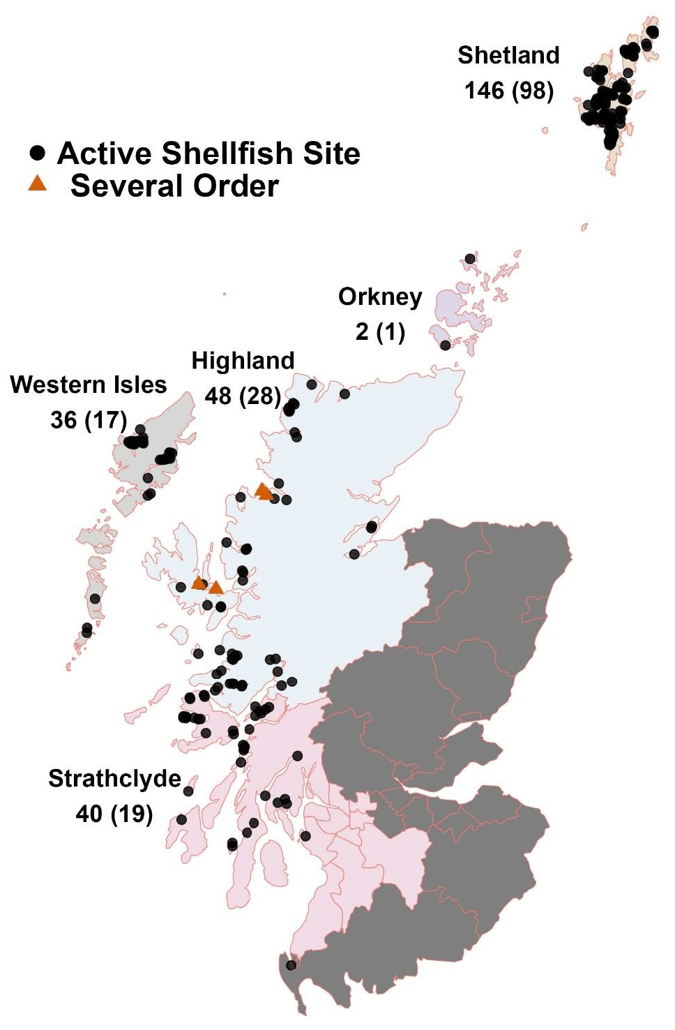 Map of Scotland showing the regional distribution of active and producing shellfish farm sites in 2025, black dots mark active sites and orange triangles Several Orders.