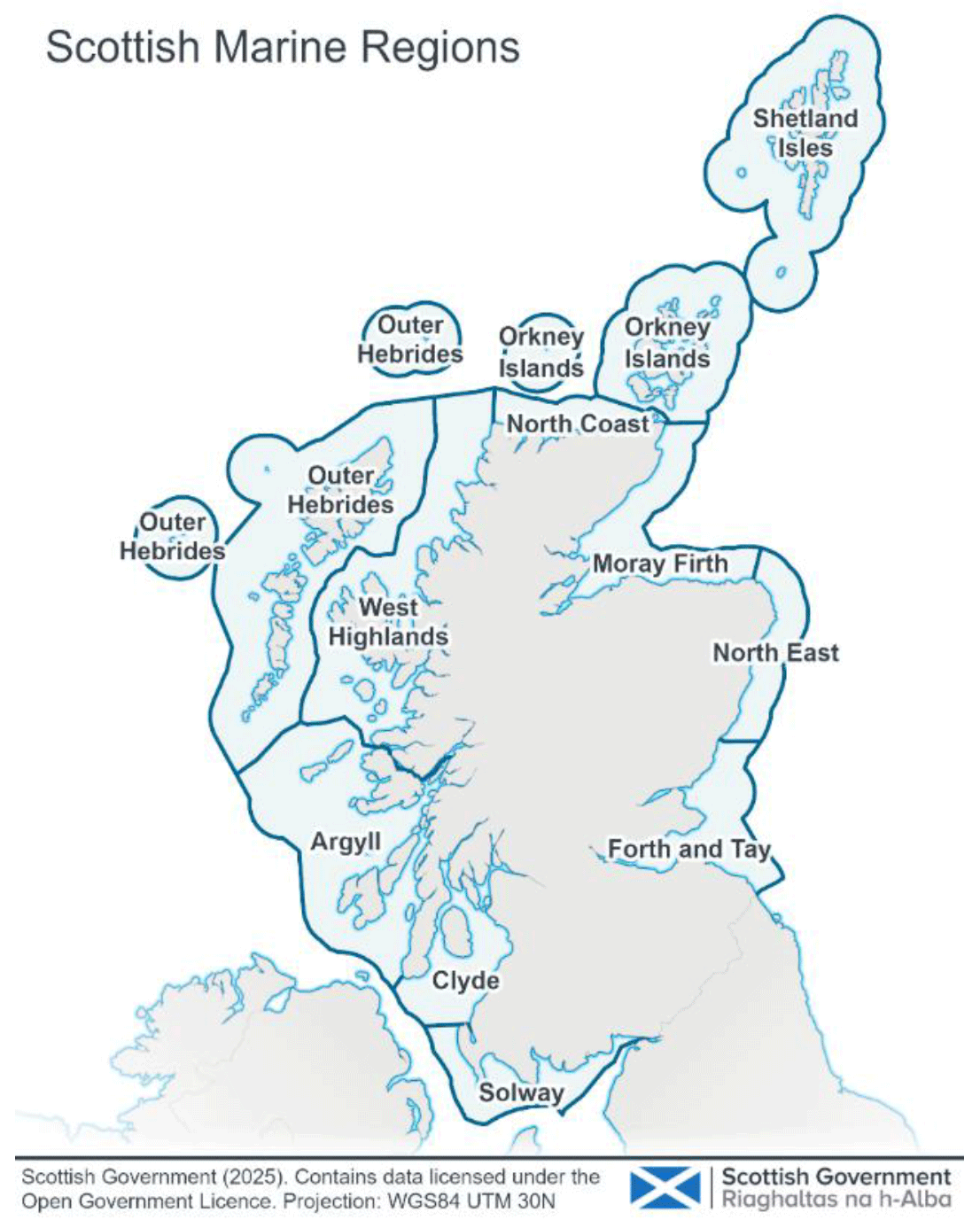 Map showing the boundaries and names of the Scottish Marine Regions around the coast of Scotland.