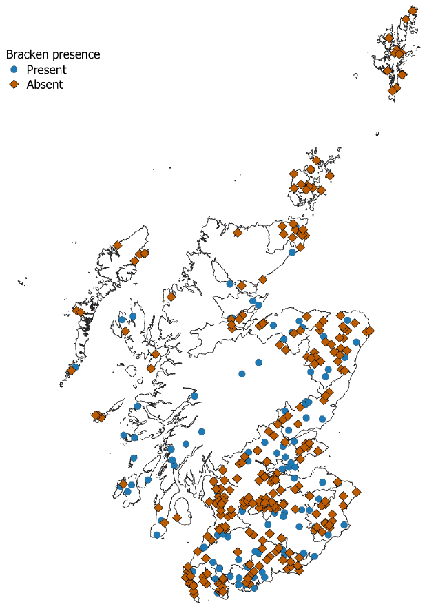 Map of Scotland showing the geographical distribution of farms that provided data about bracken presence.