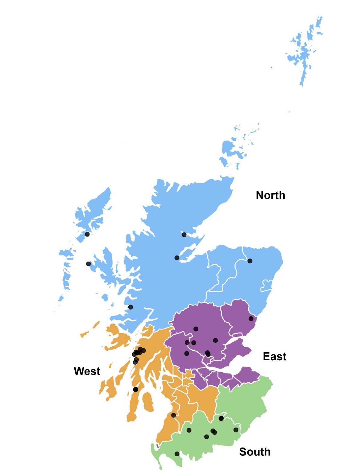 A map showing active rainbow trout sites by production area in Scotland in 2025.