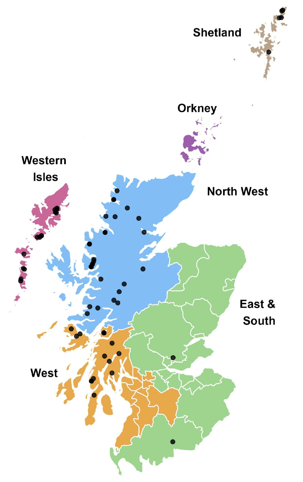 A map showing active Atlantic salmon ova and smolt sites by production area in Scotland in 2025.