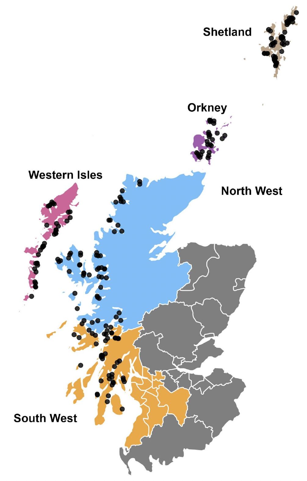 A map showing active Atlantic salmon production sites by production area in Scotland in 2025.