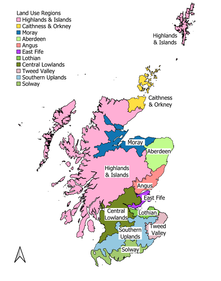Map of Scotland showing locations of the eleven land use regions sampled: Highlands and Islands, Caithness and Orkney, Moray, Aberdeen, Angus, East Fife, Lothian, Central Lowlands, Tweed Valley, Southern Uplands and Solway.