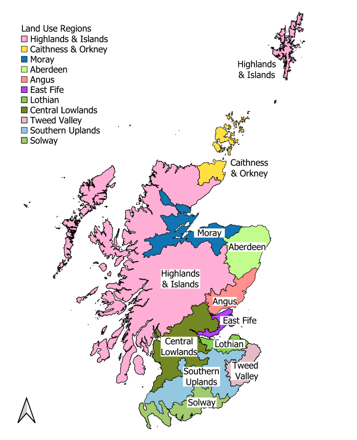 Map of Scotland showing locations of the eleven land use regions sampled: Highlands and Islands, Caithness and Orkney, Moray, Aberdeen, Angus, East Fife, Lothian, Central Lowlands, Tweed Valley, Southern Uplands and Solway.