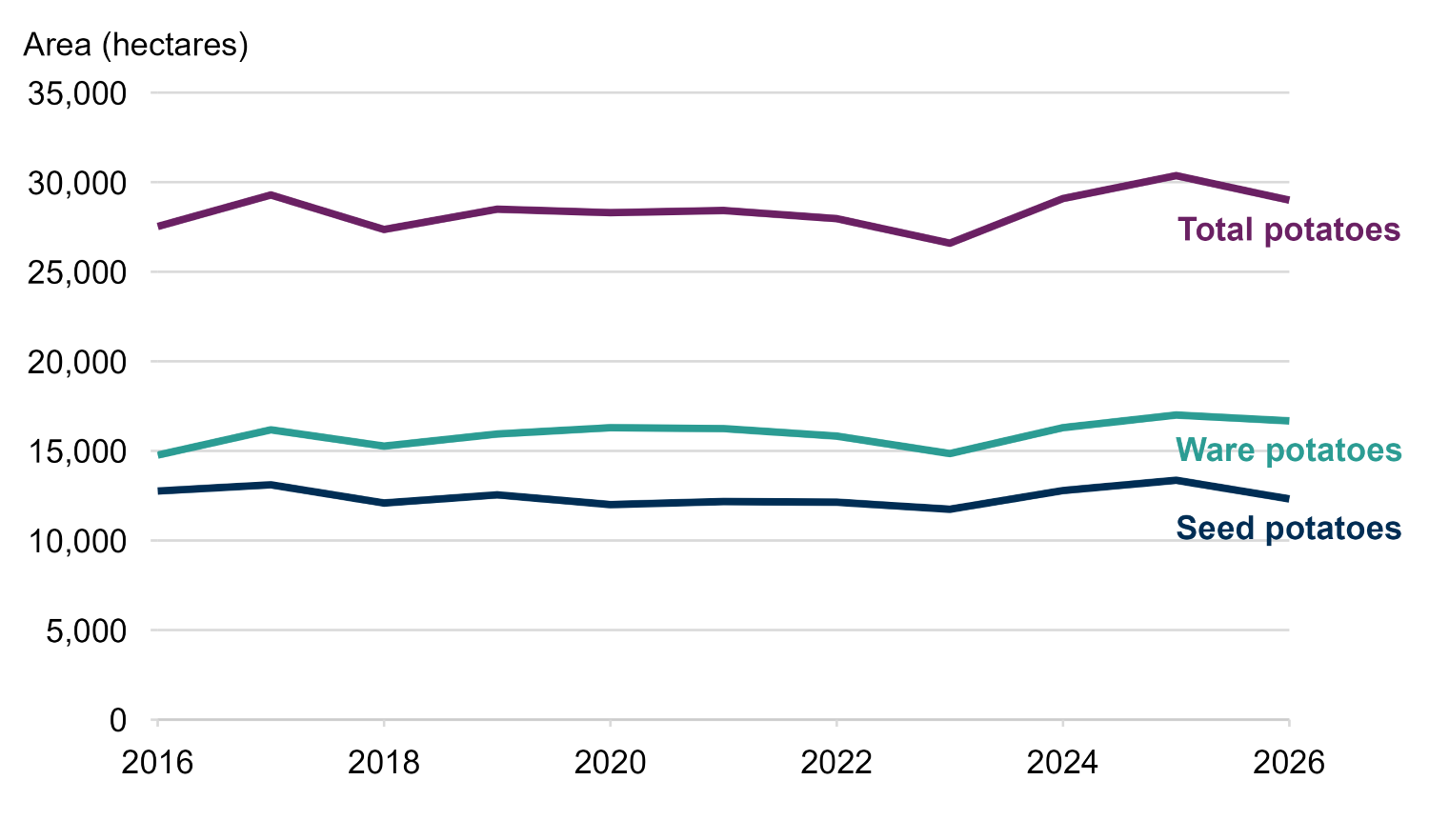 Line chart showing the area of potato crops from 2016 to 2026, with three lines representing total, ware, and seed potatoes. All three lines rise between 2016 and 2017, fall in 2018, and remain steady until 2023. They increase until 2025 before decreasing in 2026. Seed potatoes saw a larger decrease in the latest year than ware potatoes.