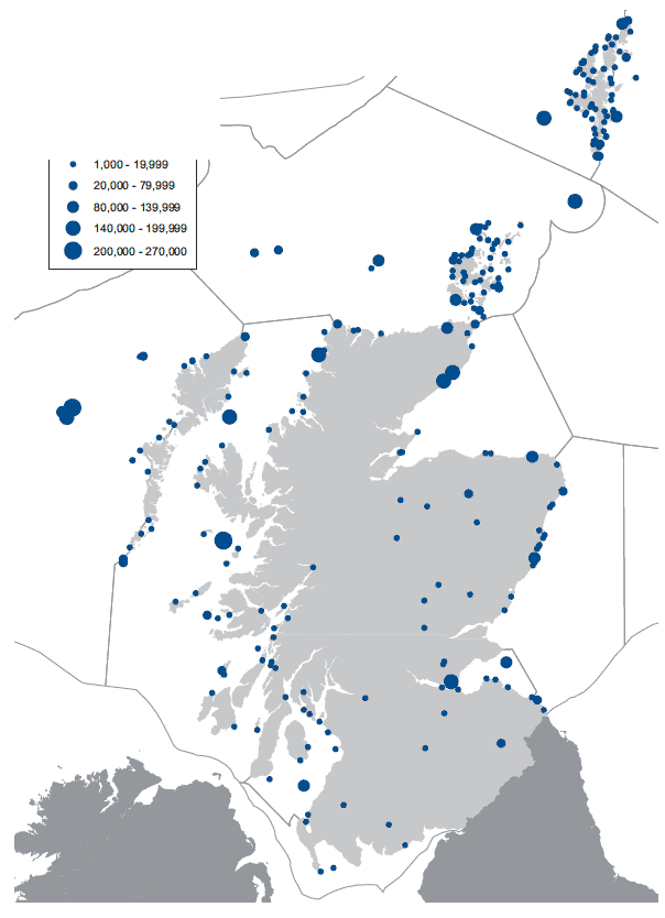 Seabird colonies in Scotland containing more than 1000 individual birds