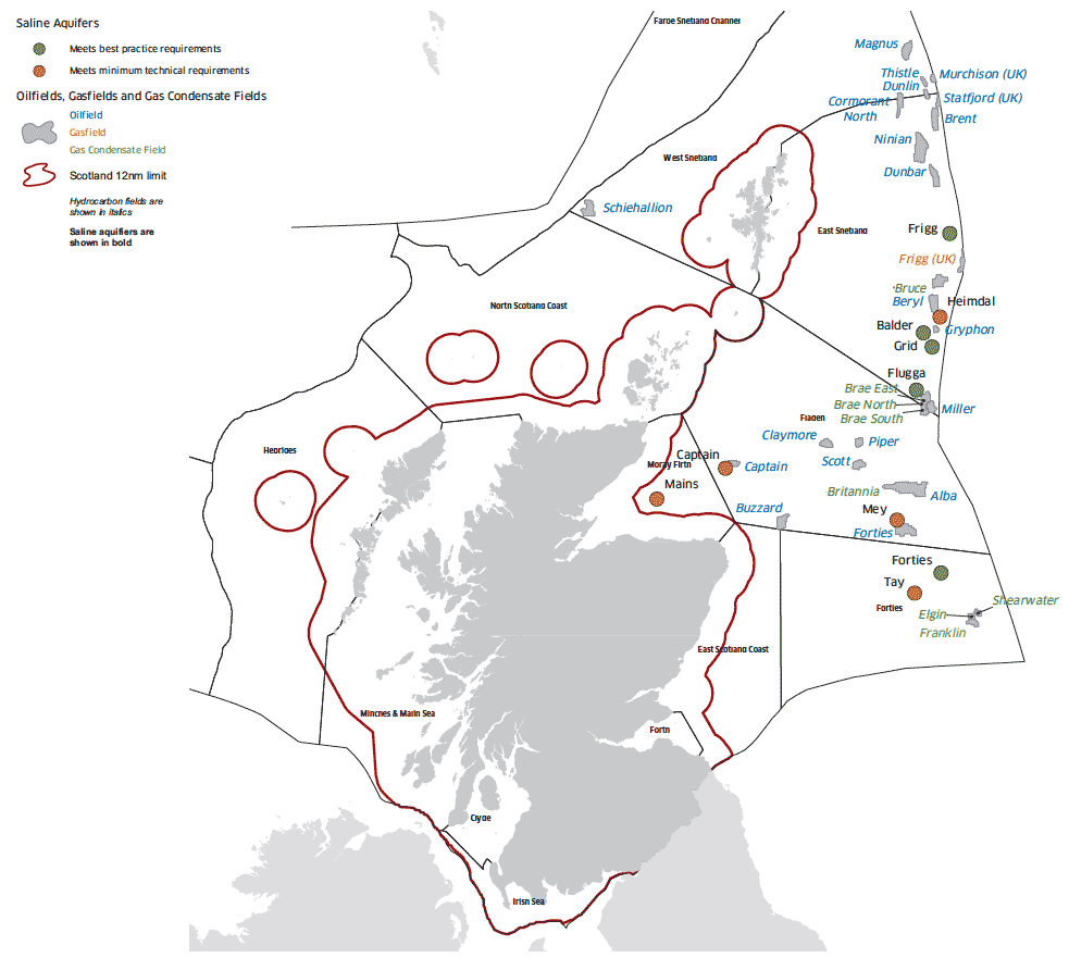 Location of 29 hydrocarbon fields and 10 saline aquifers identified as potential CO2 storage sites