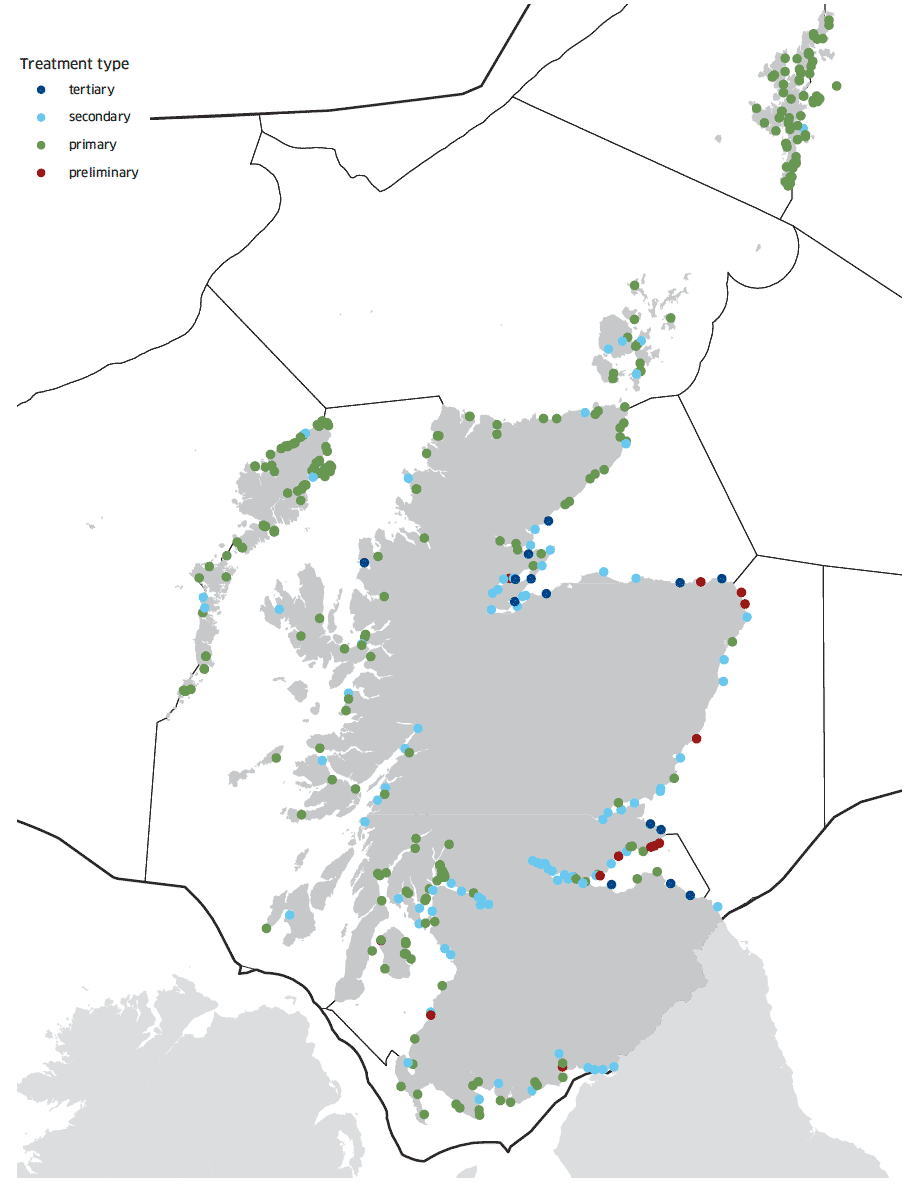 Locations and treatment types of waste water treatment plants