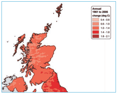 Change in average daily mean temperature (ºC) from 1961 to 2006