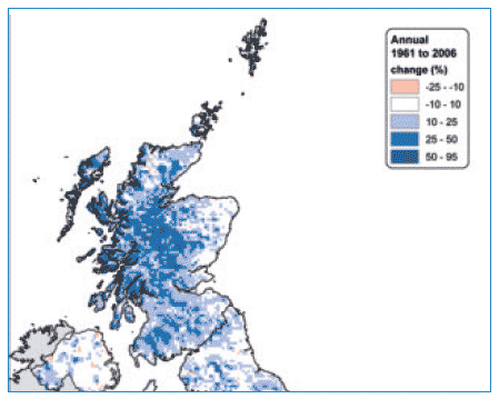 Percentage change in total precipitation amount from 1961 to 2006 based on a linear trend