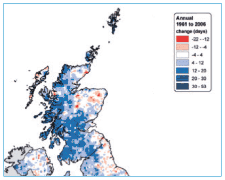 Change in average days of rain = 1 mm from 1961 to 2006