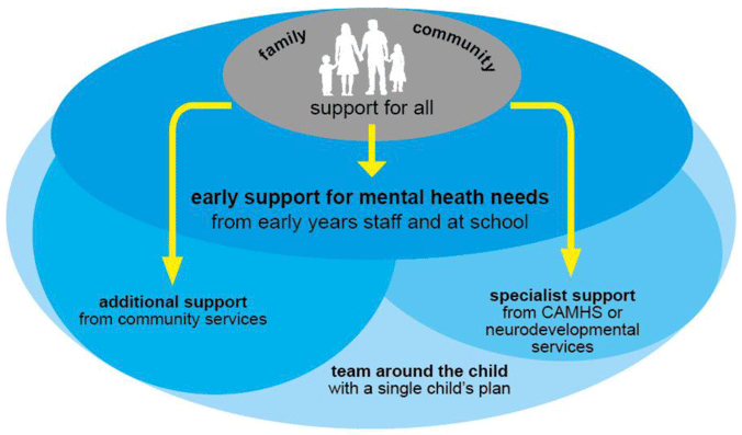 Image demonstrating groupings of mental health support and services, supported by the team around the child and a single child’s plan. Image demonstrating groupings of mental health support and services, supported by the team around the child and a single child’s plan.