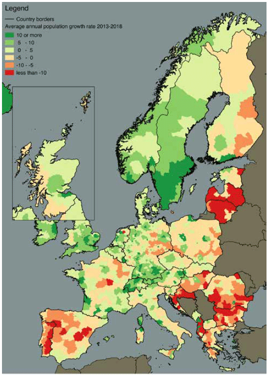 Figure 9: Average annual population growth rate by NUTS 3 region (per inhabitants), 2013-2018. Figure 9: Average annual population growth rate by NUTS 3 region (per inhabitants), 2013-2018.