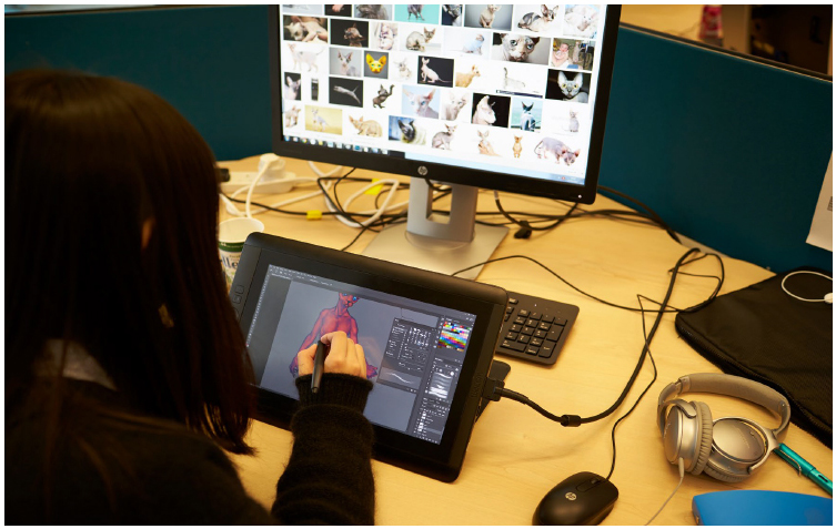 A design student sketches a 3D character, Abertay University, Dundee