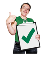 A smiling person holds a green tick with a thumb up