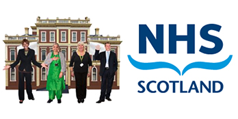 Some workers stand in front of a public building NHS Scotland logo