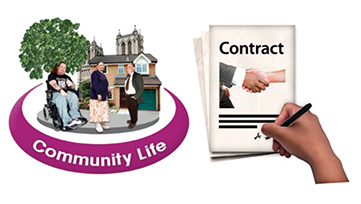 Some people are infront of a community scene with the word community underneath A hand is signing a contract