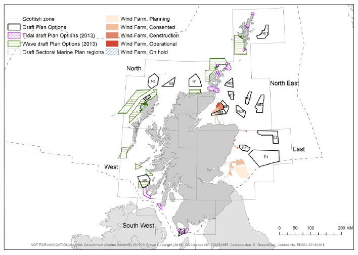 Map of Scotland and the surrounding sea areas. Draft Plan Options for wave and tidal energy are depicted alongside the new offshore wind draft Plan Options and existing marine and offshore wind energy projects.