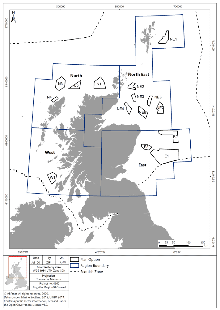 Map of the final Plan Options for offshore wind energy around Scotland.