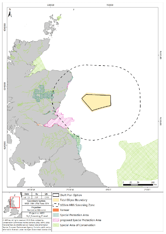 Map of the various designated sites in Scotland SPA, pSPA, Special Areas of Conservation, Ramsar, the tidal ellipse boundary and the 100 KM screening boundary around Plan option E1