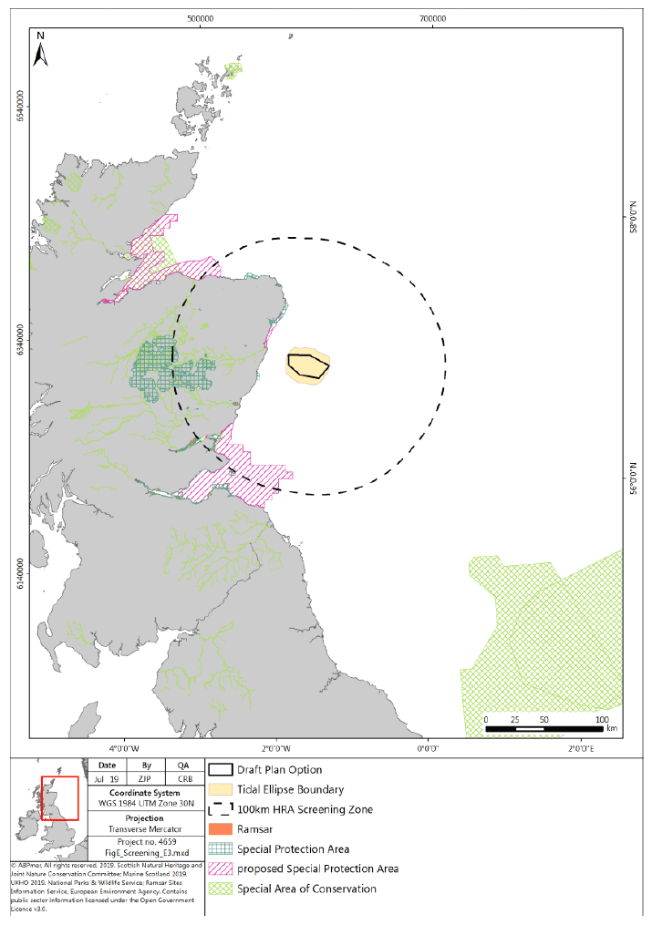 Map of the various designated sites in Scotland SPA, pSPA, Special Areas of Conservation and Ramsar, the tidal ellipse boundary and the 100 KM screening boundary around Plan option E3