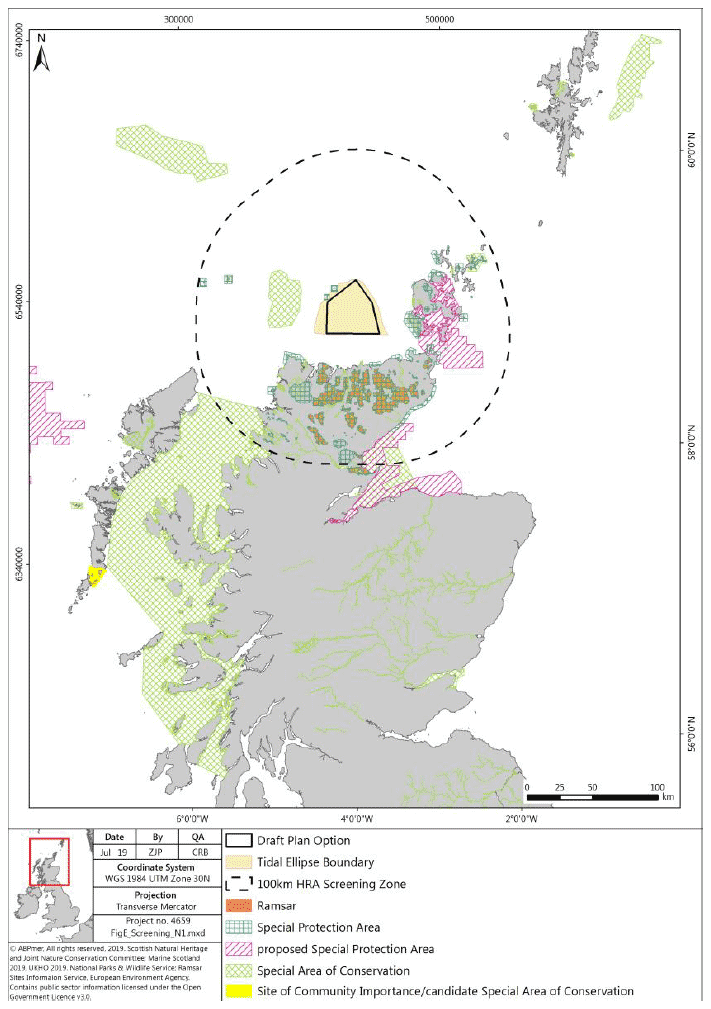 Map of the various designated sites in Scotland SPA, pSPA, Special Areas of Conservation, candidate SAC and Ramsar, the tidal ellipse boundary and the 100 KM screening boundary around Plan option N1