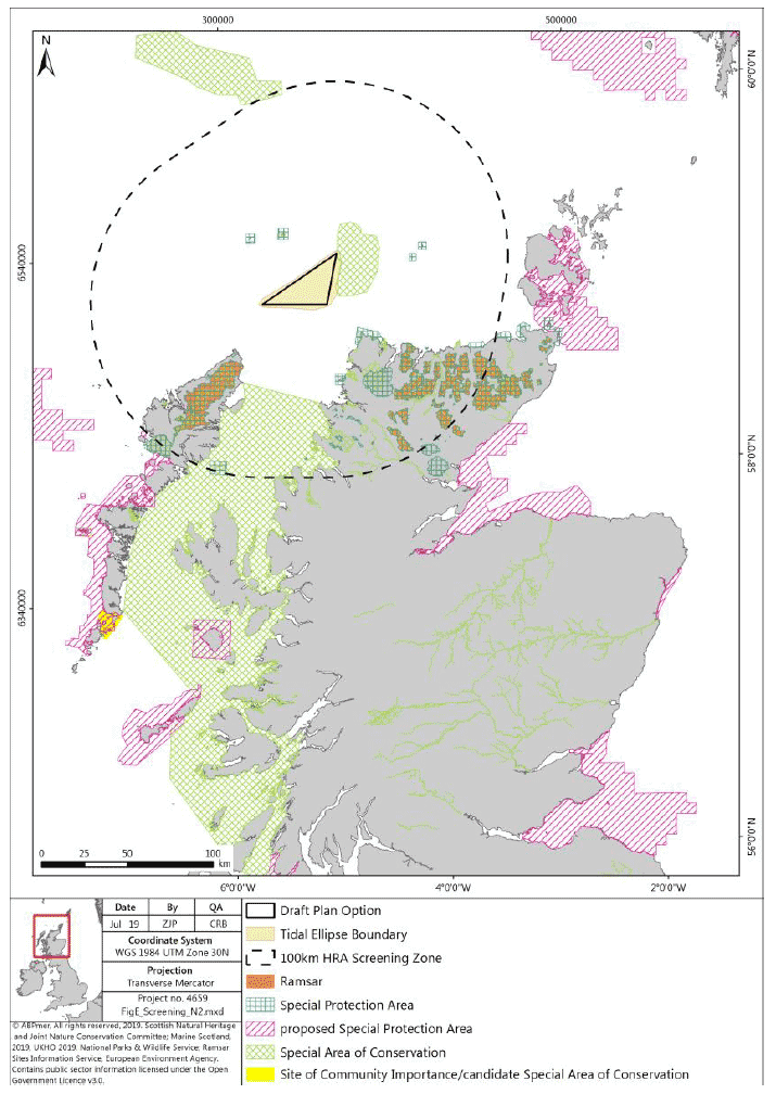 Map of the various designated sites in Scotland SPA, pSPA, Special Areas of Conservation, candidate SAC and Ramsar, the tidal ellipse boundary and the 100 KM screening boundary around Plan option N2