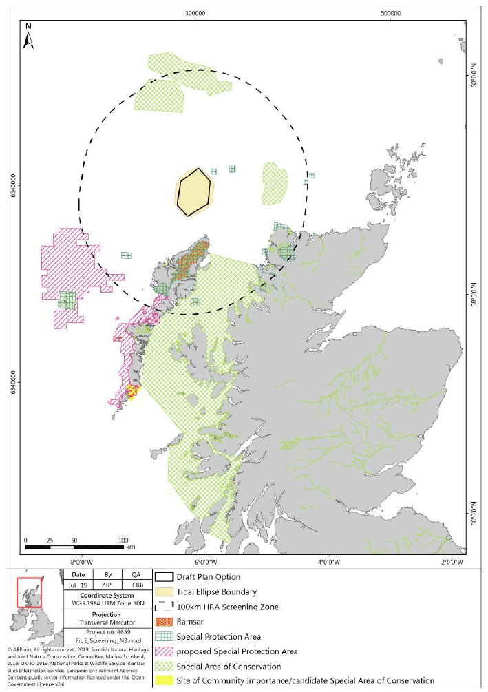 Map of the various designated sites in Scotland SPA, pSPA, Special Areas of Conservation, candidate SAC and Ramsar, the tidal ellipse boundary and the 100 KM screening boundary around Plan option N3