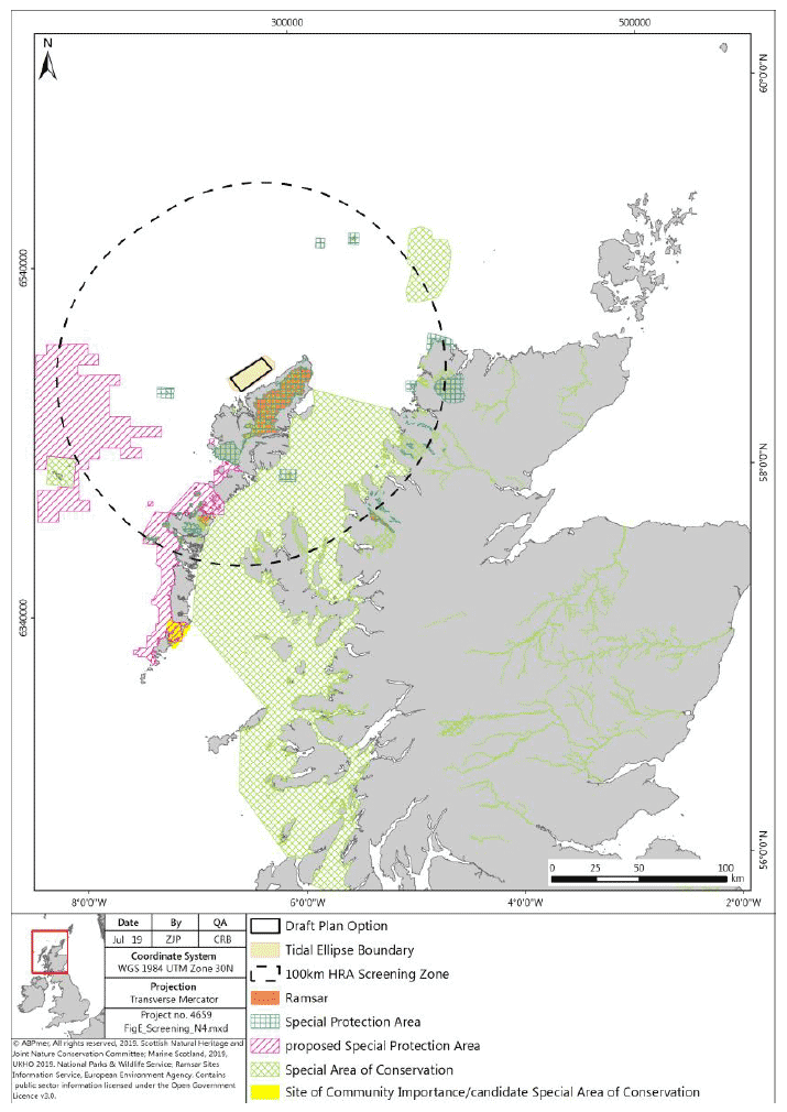 Map of the various designated sites in Scotland SPA, pSPA, Special Areas of Conservation, candidate SAC and Ramsar, the tidal ellipse boundary and the 100 KM screening boundary around Plan option N4