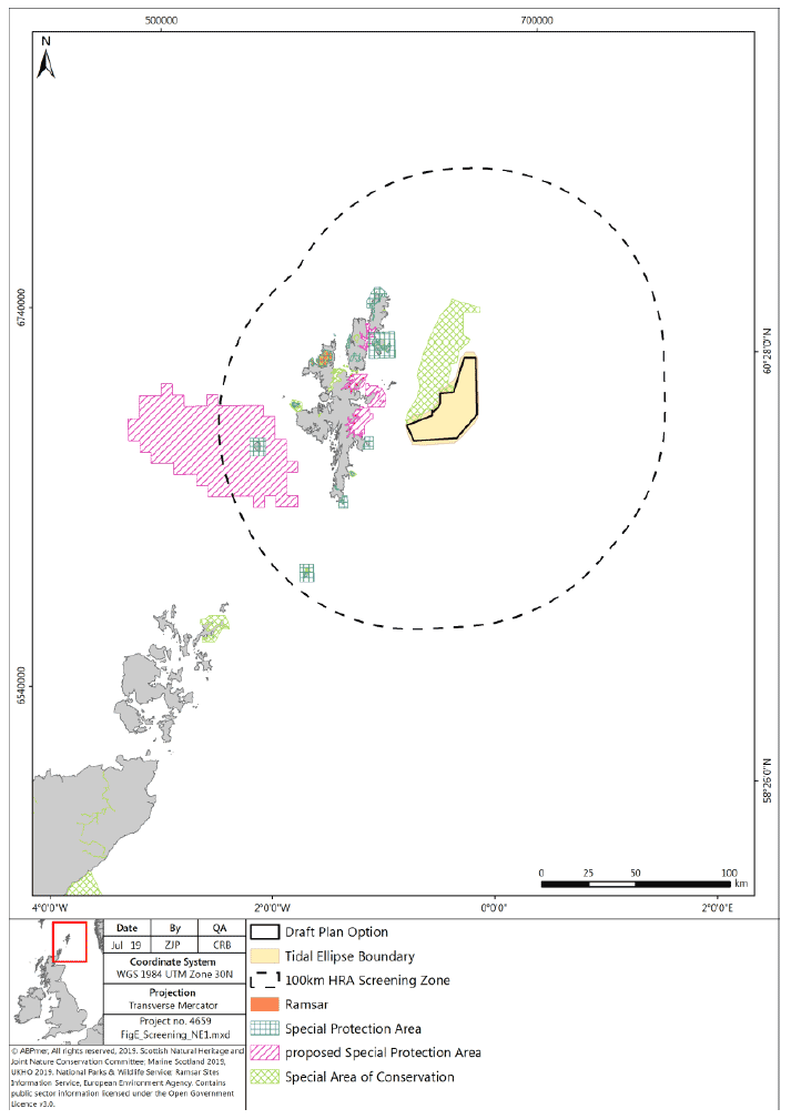 Map of the various designated sites in Scotland SPA, pSPA, Special Areas of Conservation and Ramsar, the tidal ellipse boundary and the 100 KM screening boundary around Plan option NE1