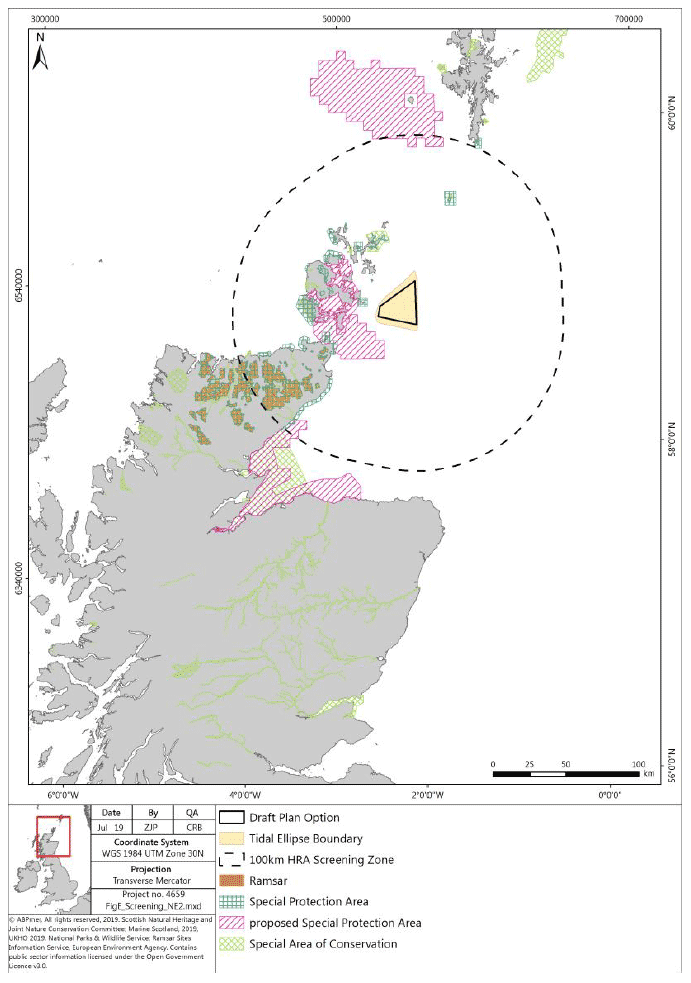 Map of the various designated sites in Scotland SPA, pSPA, Special Areas of Conservation and Ramsar, the tidal ellipse boundary and the 100 KM screening boundary around Plan option NE2