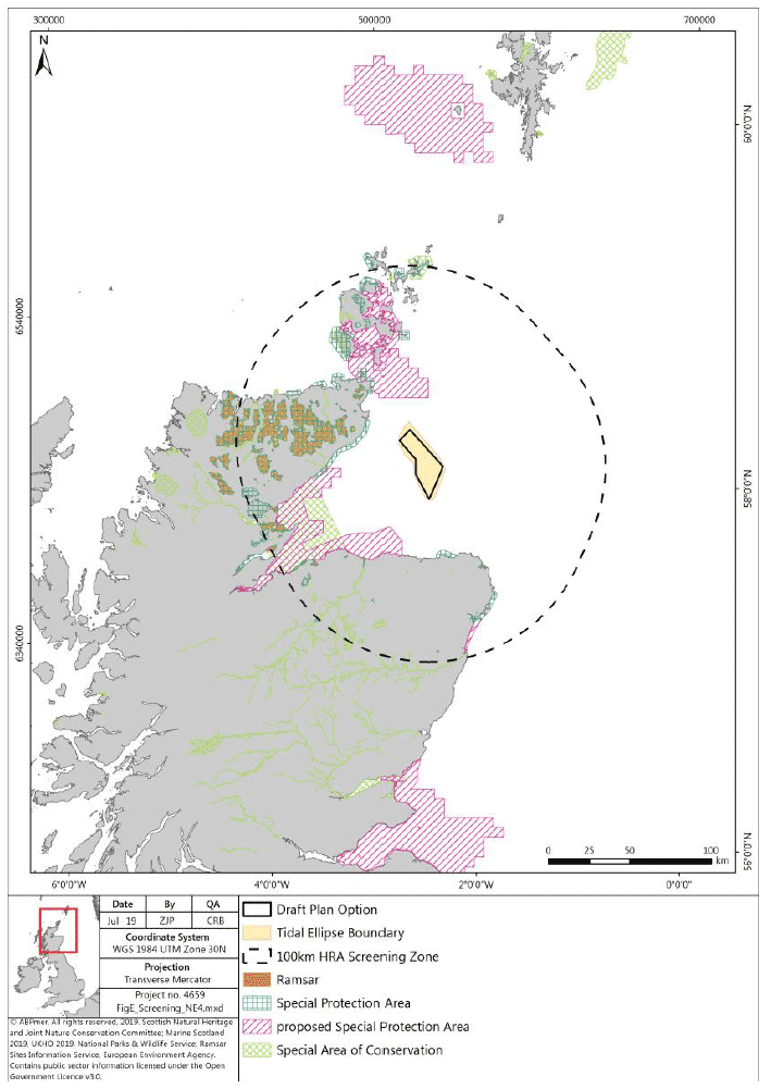 Map of the various designated sites in Scotland SPA, pSPA, Special Areas of Conservation and Ramsar, the tidal ellipse boundary and the 100 KM screening boundary around Plan option NE4