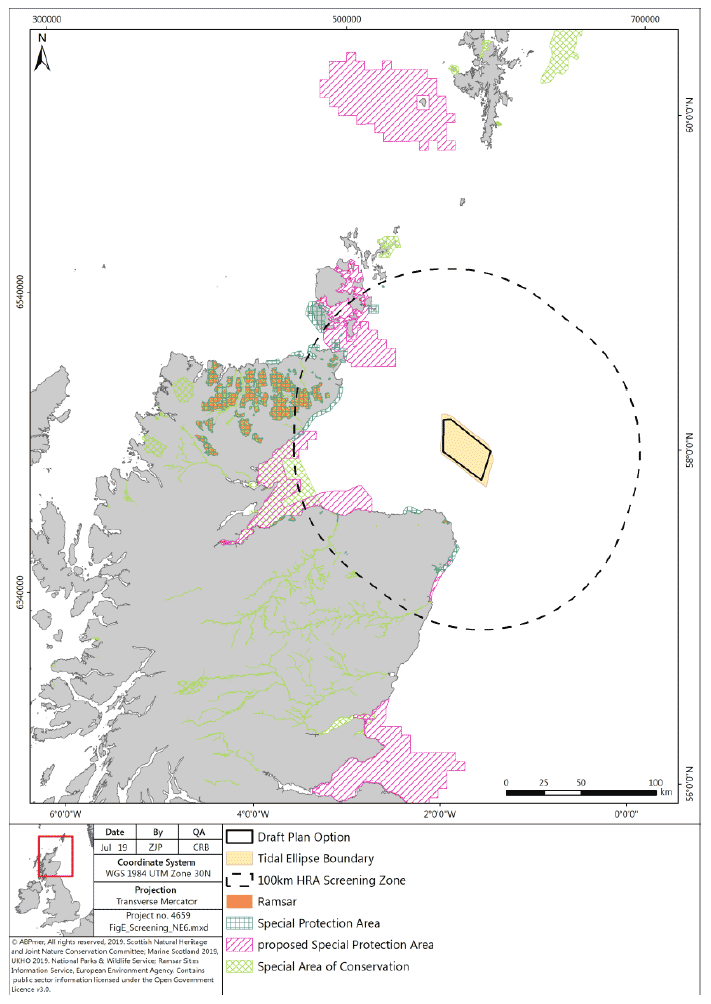 Map of the various designated sites in Scotland SPA, pSPA, Special Areas of Conservation and Ramsar, the tidal ellipse boundary and the 100 KM screening boundary around Plan option NE6
