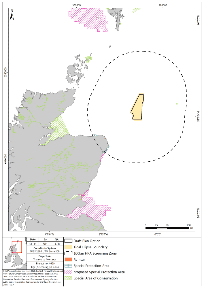 Map of the various designated sites in Scotland SPA, pSPA, Special Areas of Conservation and Ramsar, the tidal ellipse boundary and the 100 KM screening boundary around Plan option NE7