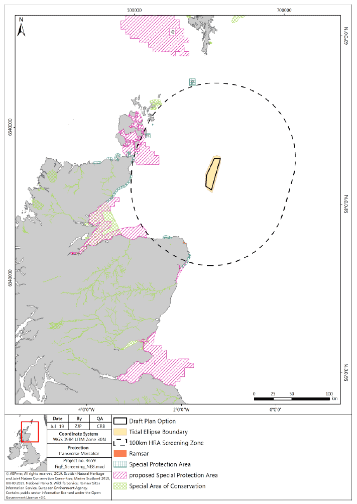 Map of the various designated sites in Scotland SPA, pSPA, Special Areas of Conservation and Ramsar, the tidal ellipse boundary and the 100 KM screening boundary around Plan option NE8