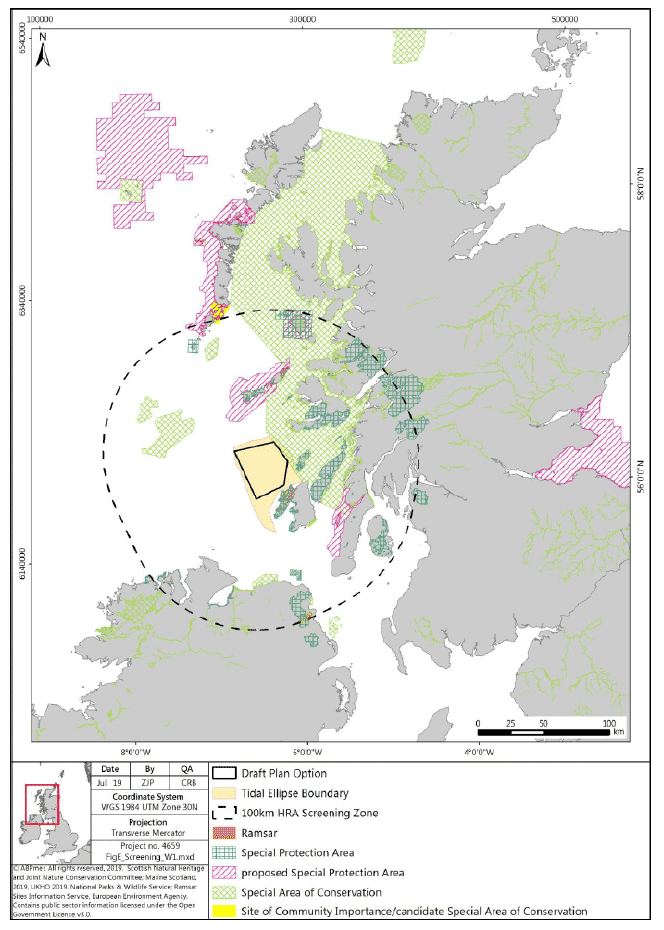 – Map of the various designated sites in Scotland SPA, pSPA, Special Areas of Conservation and Ramsar, the tidal ellipse boundary and the 100 KM screening boundary around Plan option W1