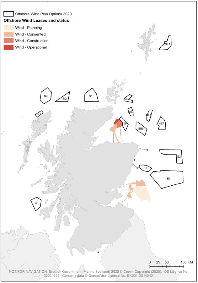 Figure 1 – Map showing the final selection of 15 offshore wind Plan Options around Scotland, and the areas leased for existing offshore wind projects.