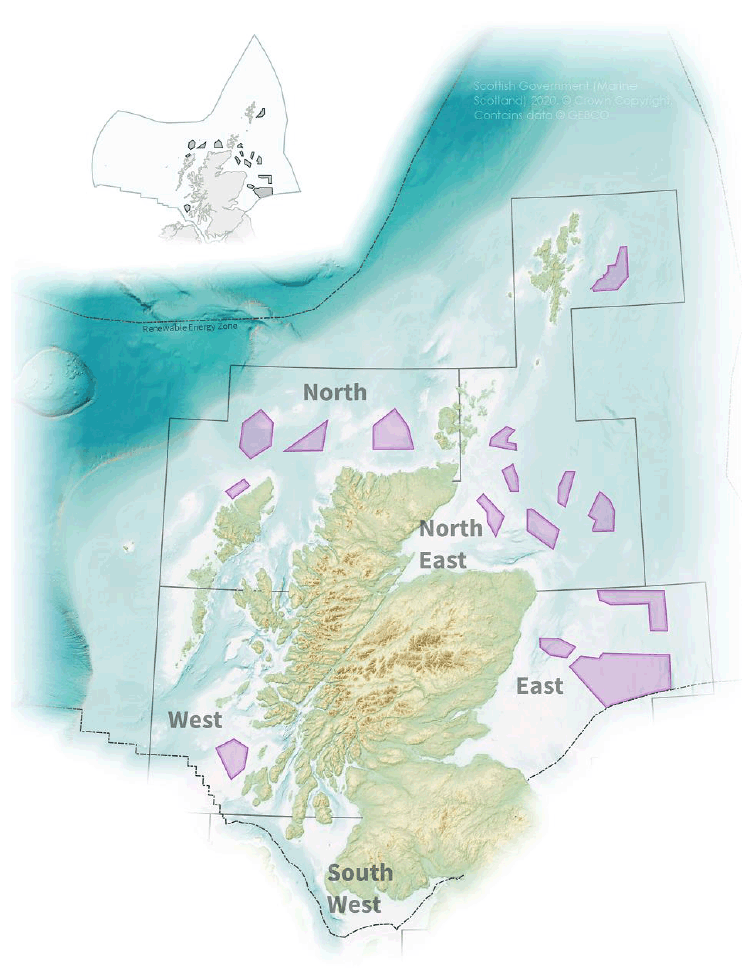 Figure 3 – colourised picture of Scotland, the surrounding seabed showing changes in depth, and the 15 Final Plan Options