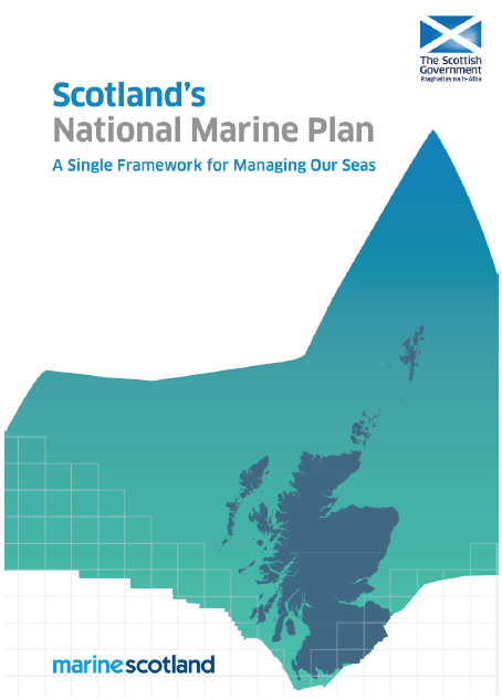 Figure 4 – Front cover of Scotland’s National Marine Plan.  Simplified depiction of Scotland and the surrounding waters.