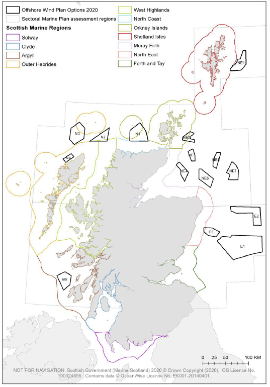Figure 5 – Map of Scotland showing the 15 final Plan Options, the Sectoral Marine Plan Assessment regions and the 11 Scottish Marine Regions.