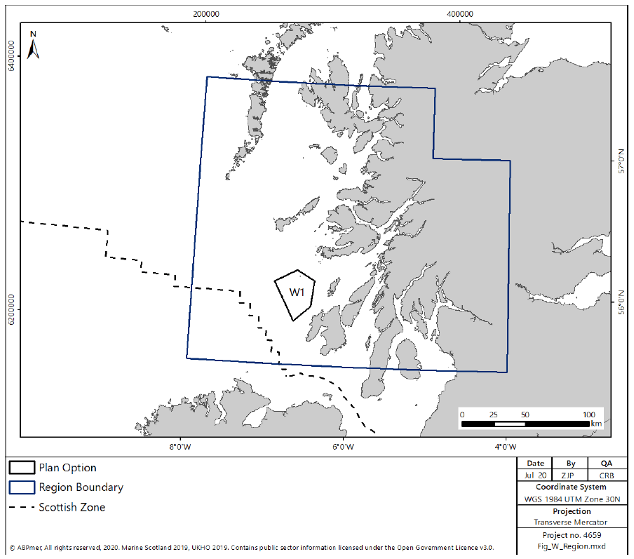 Figure 12 – Map of the west of Scotland depicting the W1 Plan Option and the West assessment region