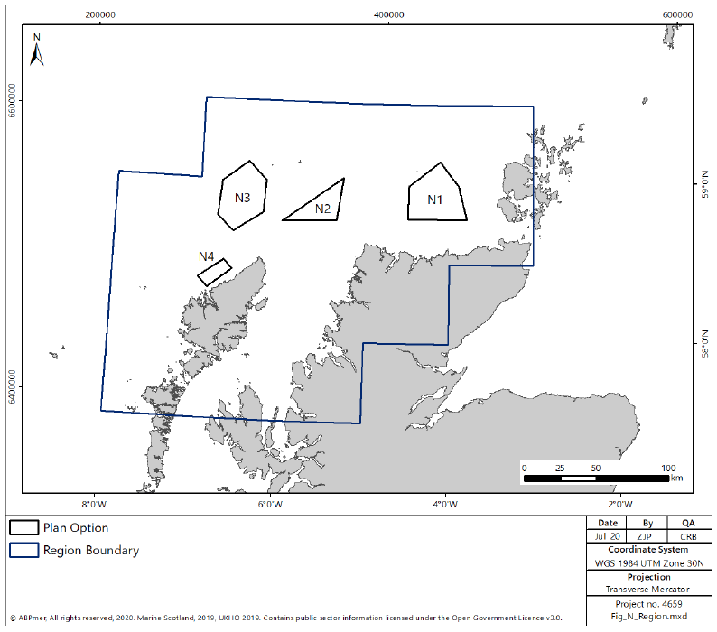 Figure 13 – Map of the north of Scotland depicting the four Plan Options in the North assessment region