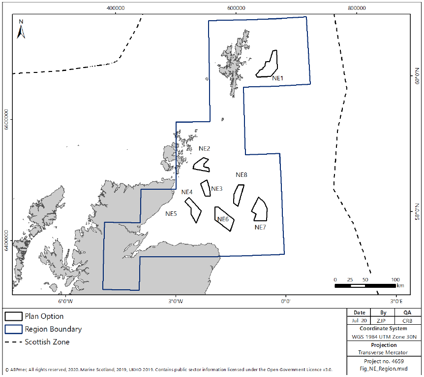 Figure 14 - Map of the north east of Scotland depicting the four Plan Options in the North East assessment region.