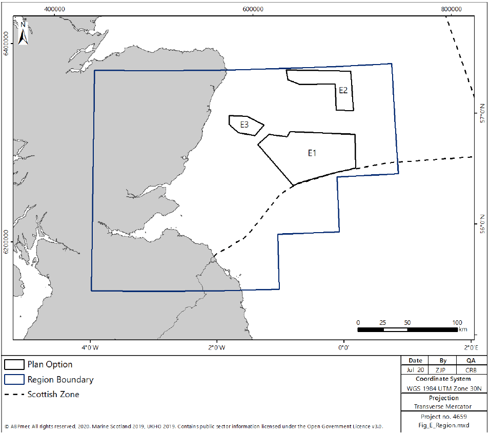 Figure 15 - Map of the east of Scotland depicting the three Plan Options in the East assessment region.