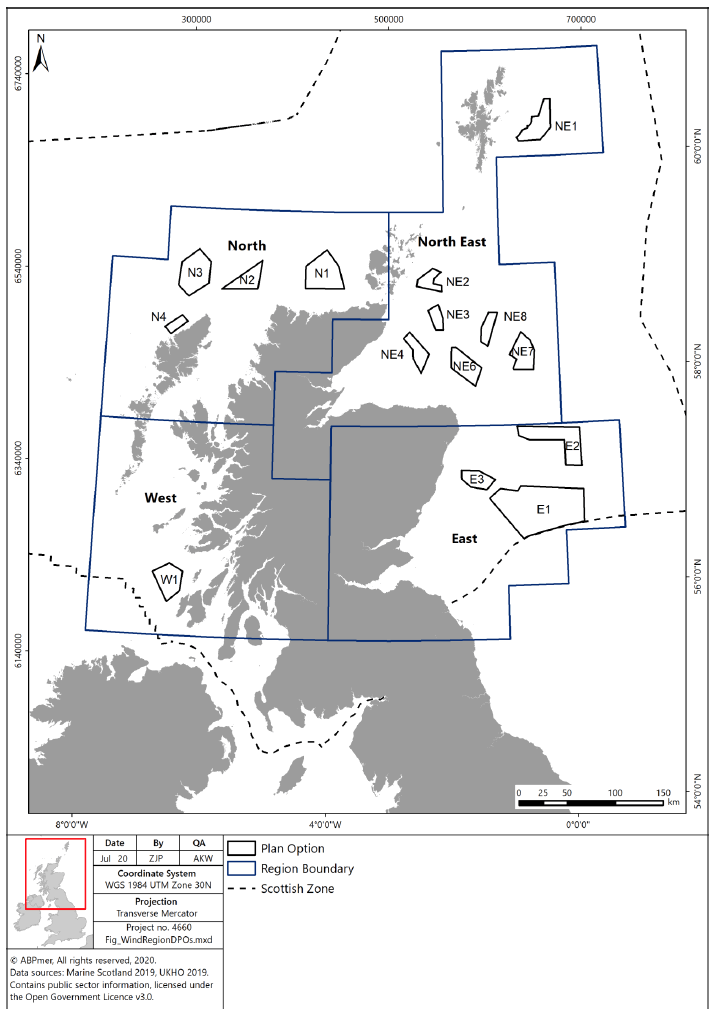Map of Scotland and the 15 final Plan Options