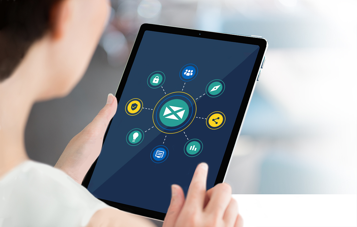 Image of a woman holding a tablet displaying a diagram from the Digital Strategy