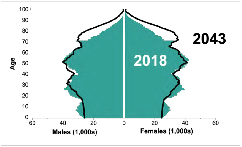 Figure illustrates the difference of the age structure between males and females between mid-2018 and mid-2043